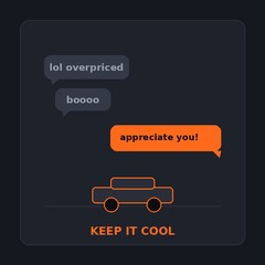 A calm reply to heckler chat messages during a cars-only live show