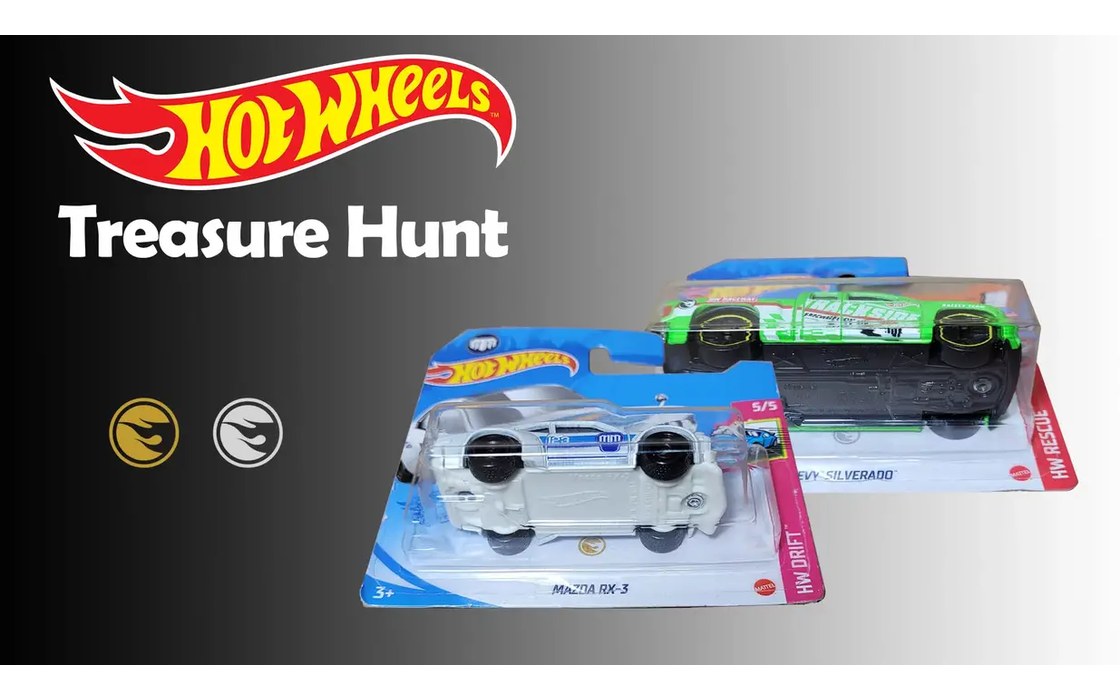 Hot Wheels Treasure Hunt cars with the circle-flame logo